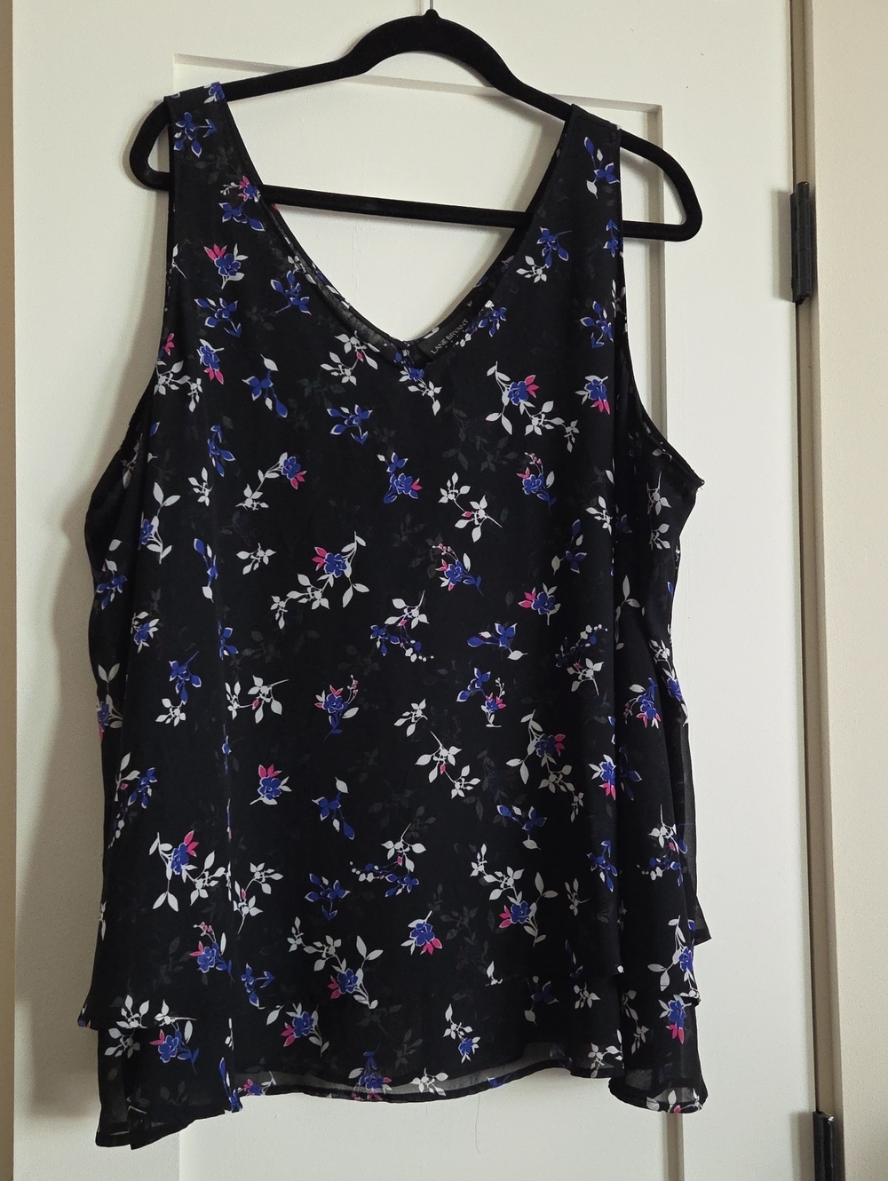 Lane Bryant Black Floral V-Neck Tank with Blue and Pink Accents